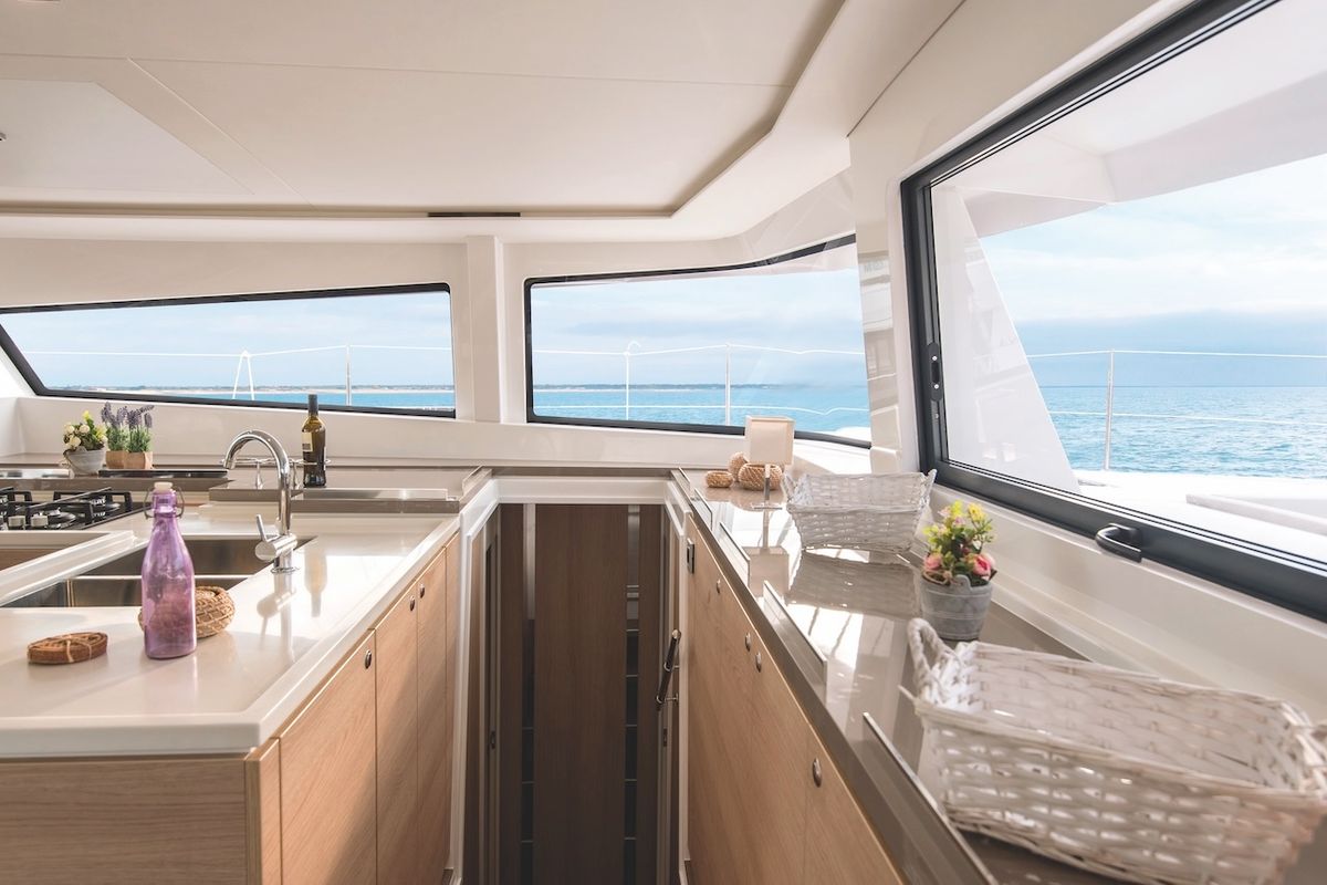 Galley of Mastermind II, a Bali 5.4 catamaran at Alameda, United States