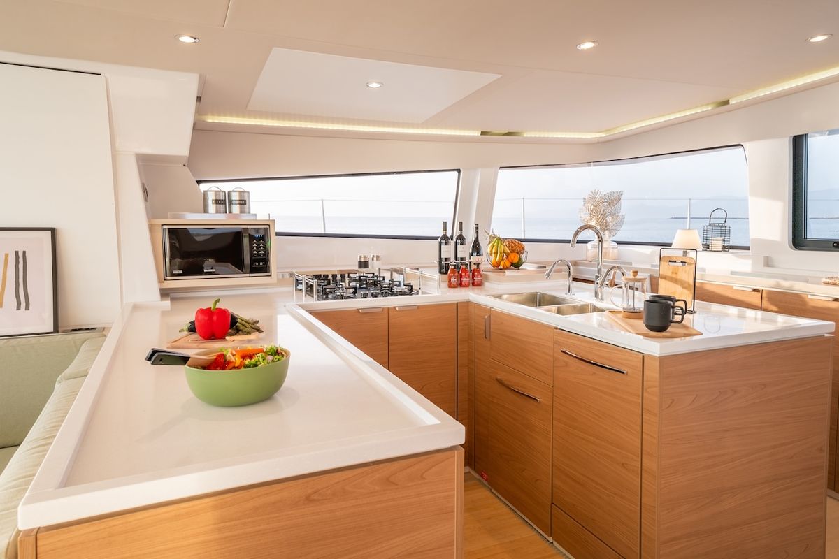 Galley of Mastermind II, a Bali 5.4 catamaran at Alameda, United States