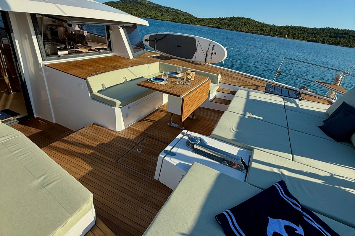 Deck of Mastermind II, a Bali 5.4 catamaran at Alameda, United States