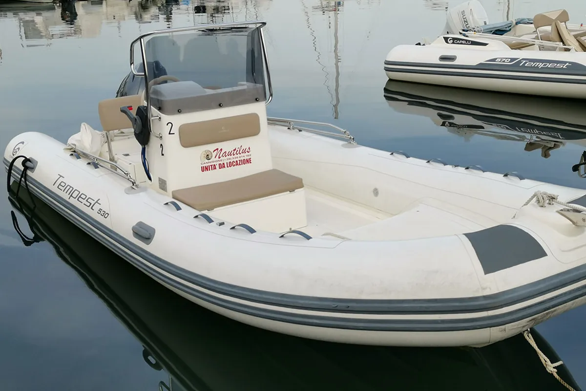 Exterior view of N. 10, a Capelli Tempest 530 rib at Cannigione, Italy