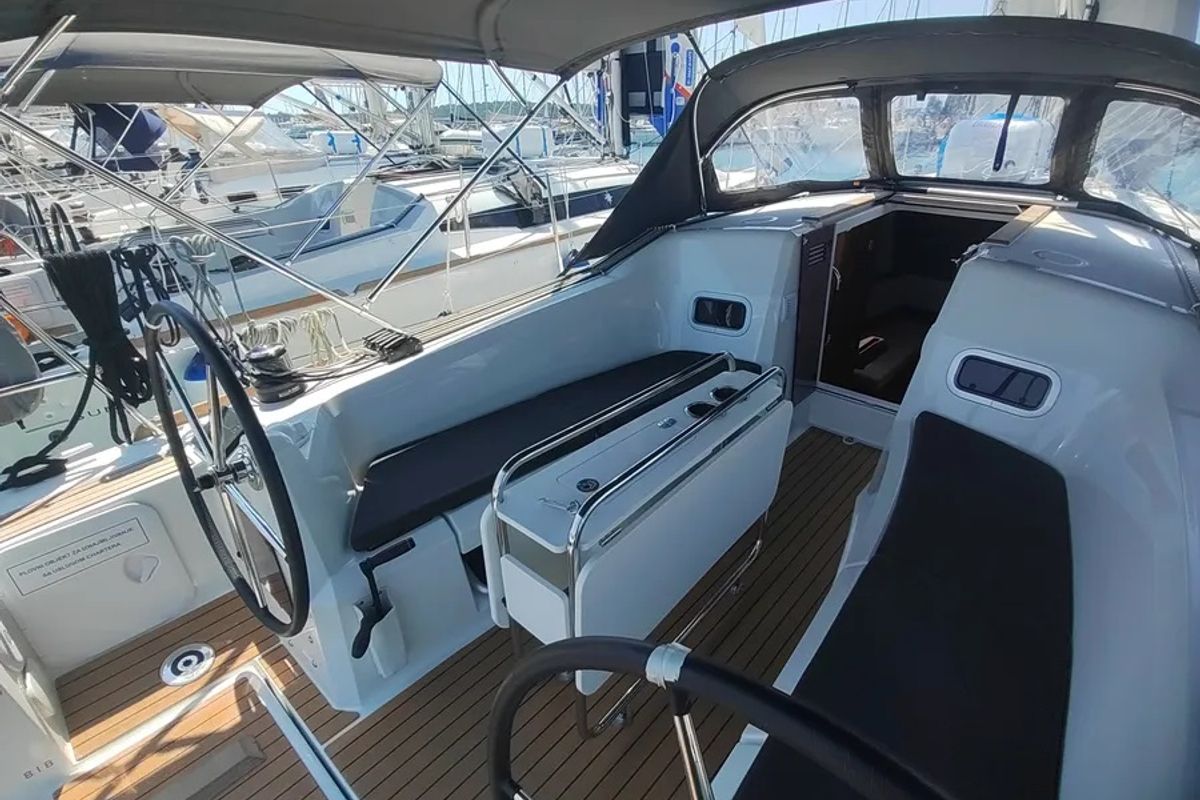 Cockpit of Fig, a Jeanneau Sun Odyssey 349 sailboat at Grad Pula, Croatia