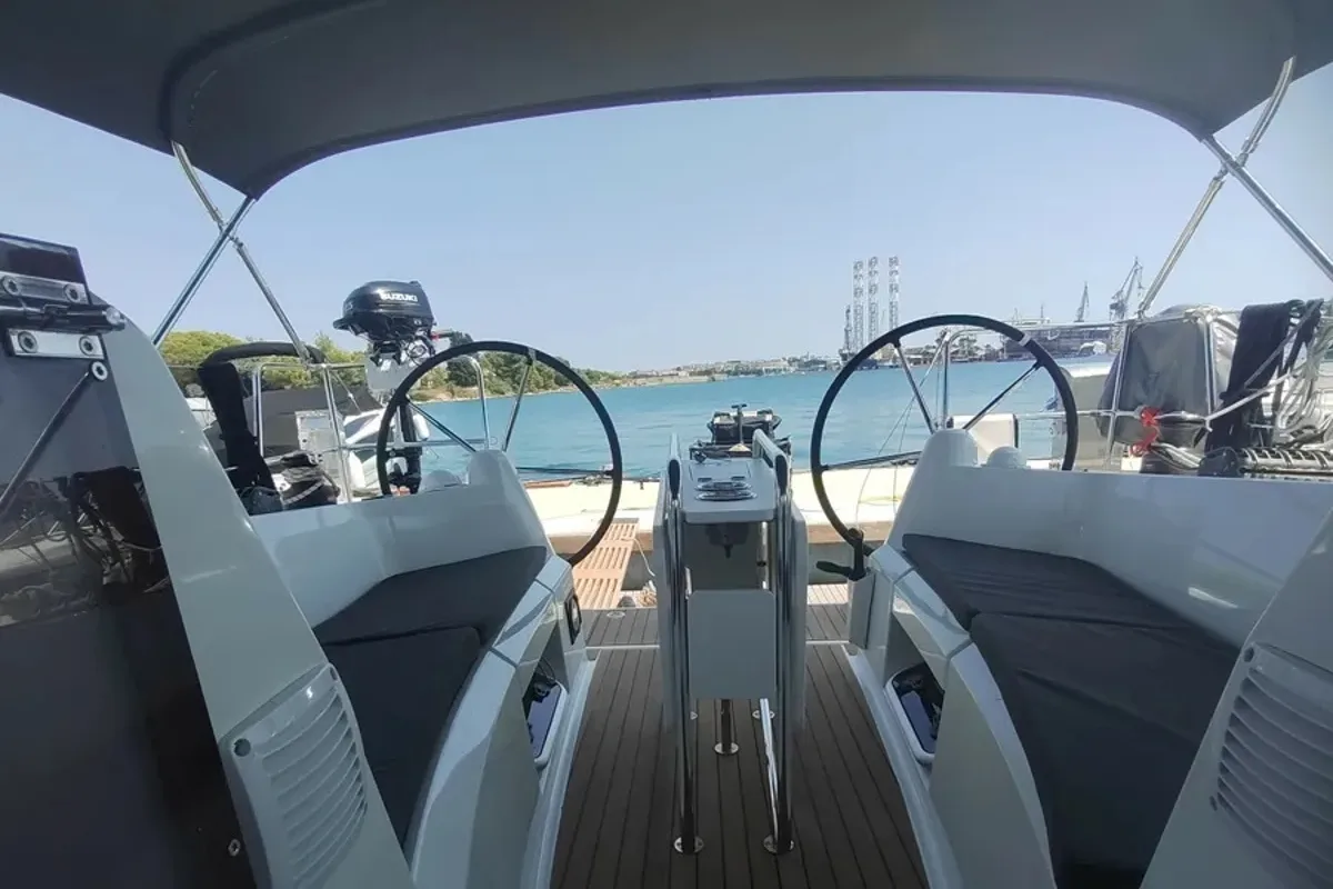 Cockpit of Fig, a Jeanneau Sun Odyssey 349 sailboat at Grad Pula, Croatia