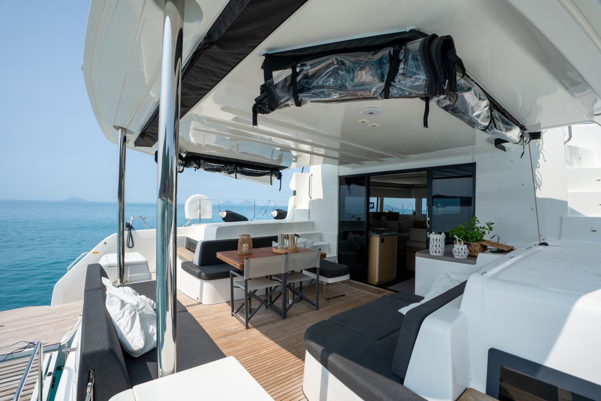 Deck of Sailuxe - Fichetto, a Lagoon 51 catamaran at Castellammare del Golfo, Italy