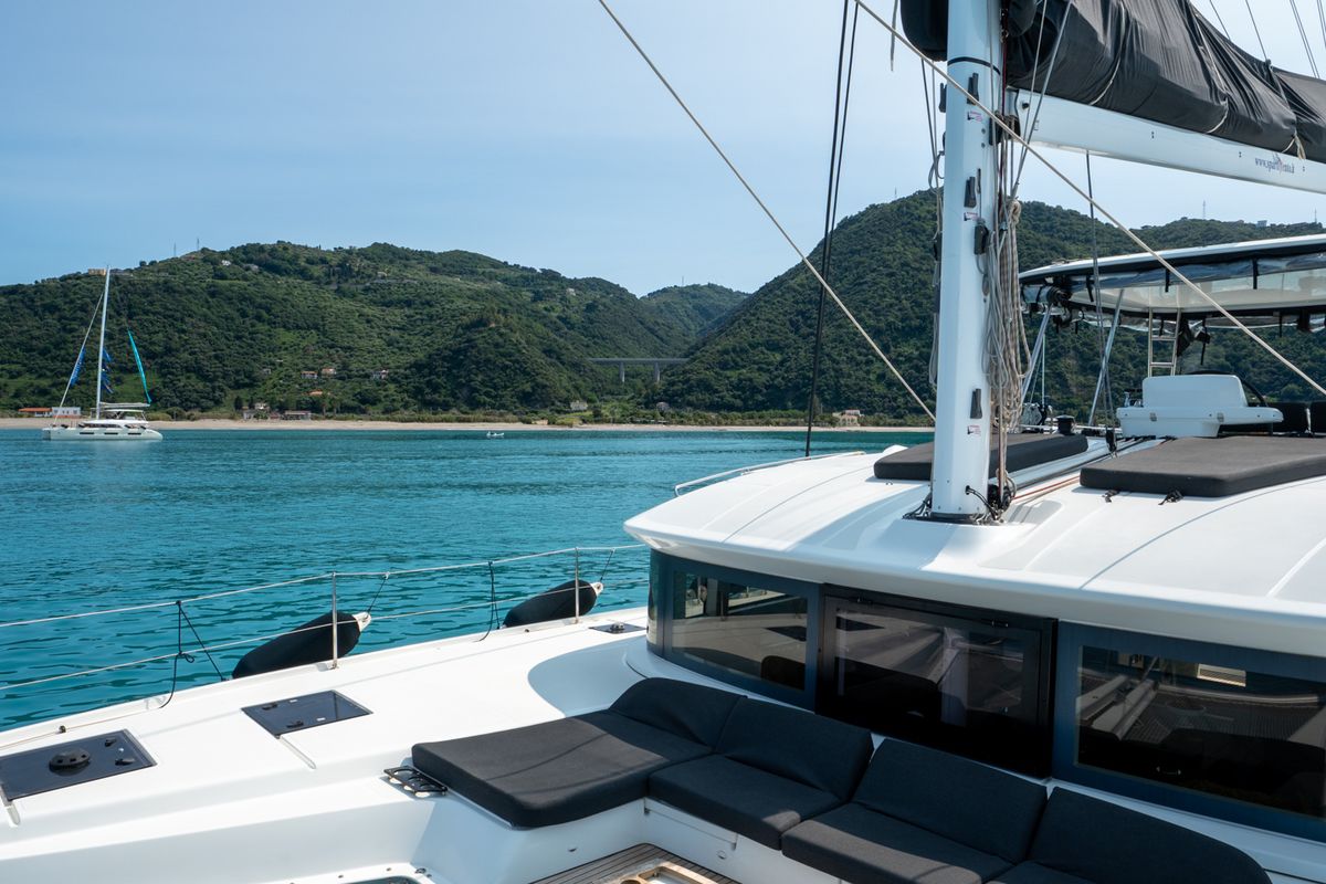 Cockpit of Sailuxe - Fichetto, a Lagoon 51 catamaran at Castellammare del Golfo, Italy
