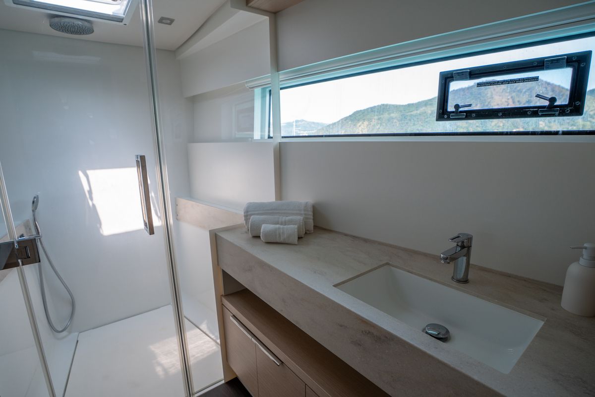 Deck of Sailuxe - Fichetto, a Lagoon 51 catamaran at Castellammare del Golfo, Italy
