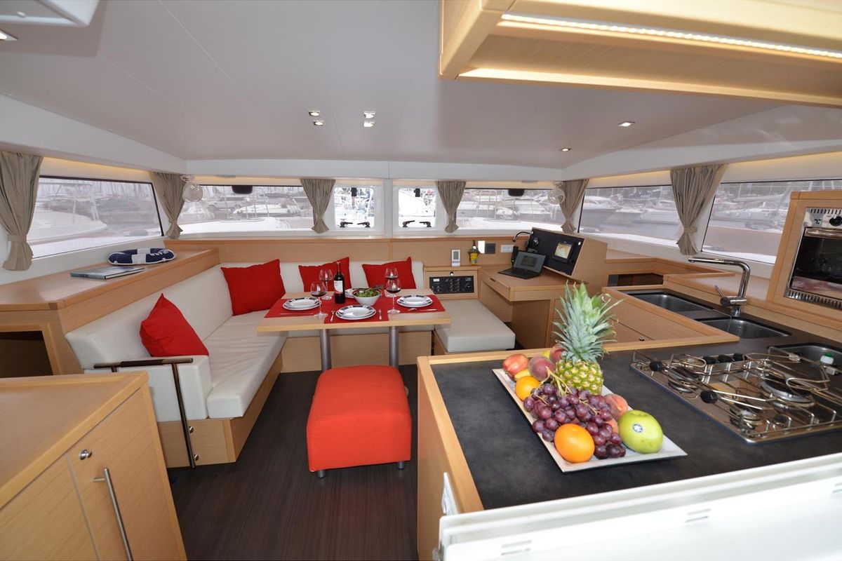 Salon of Anemoessa, a Lagoon 400 S2 catamaran at Athens, Greece