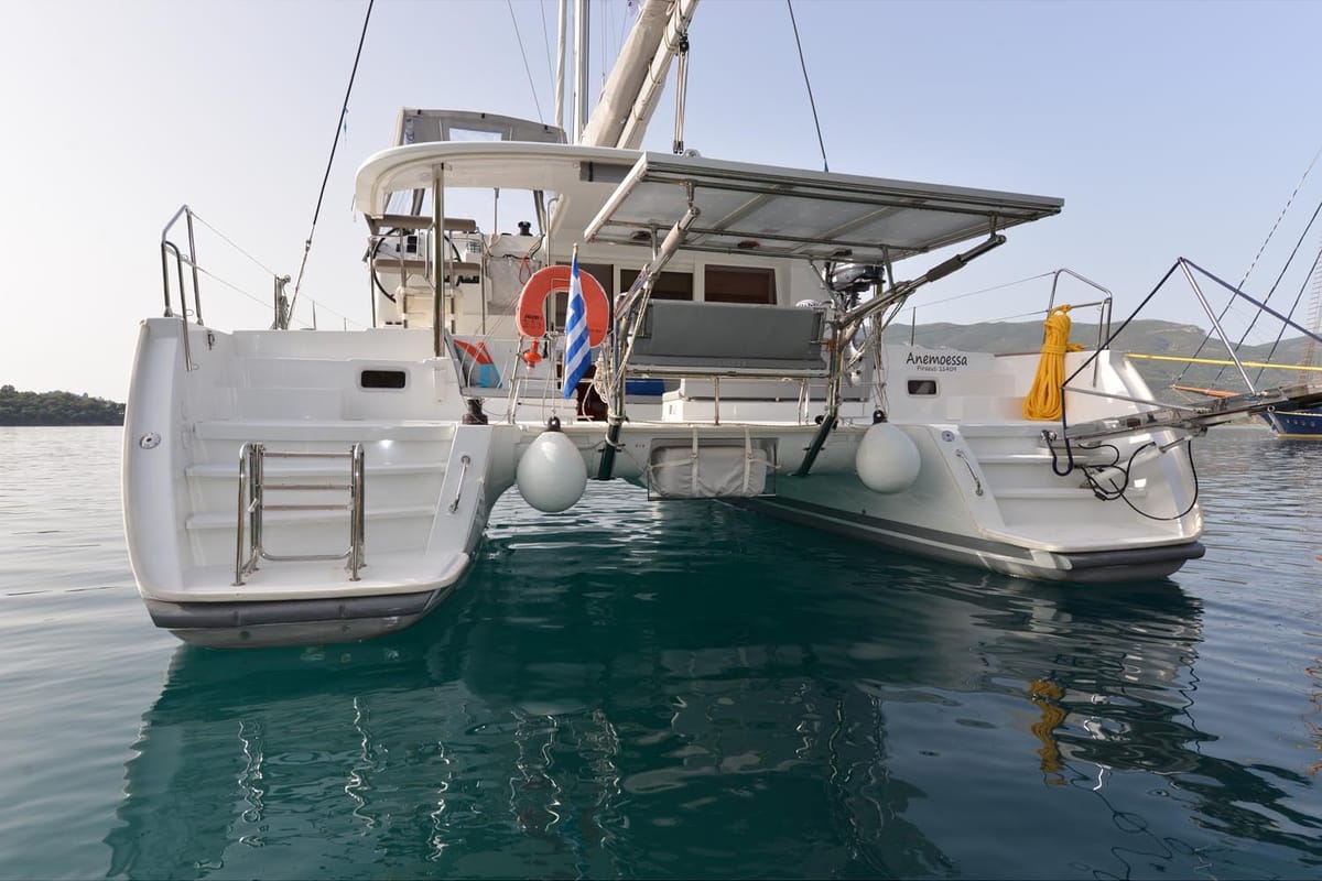 Exterior view of Anemoessa, a Lagoon 400 S2 catamaran at Athens, Greece