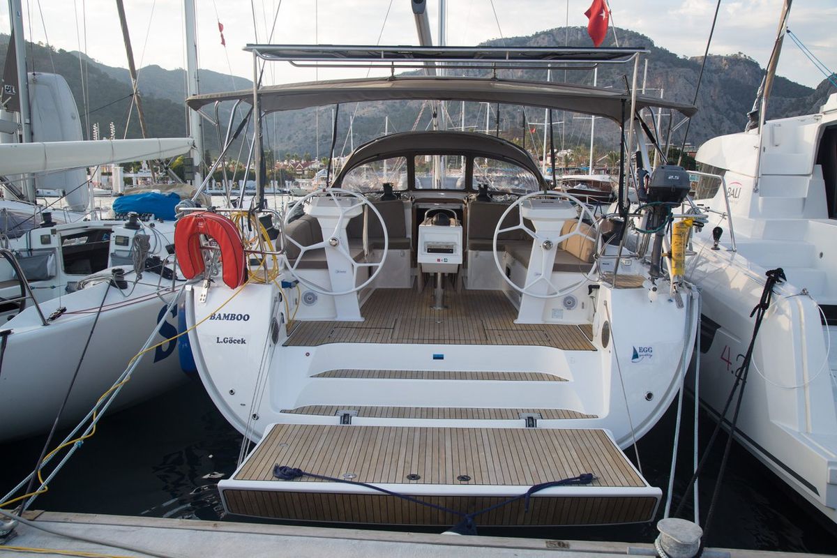 Exterior view of Bamboo, a Bavaria Cruiser 51 sailboat at Fethiye, Turkey