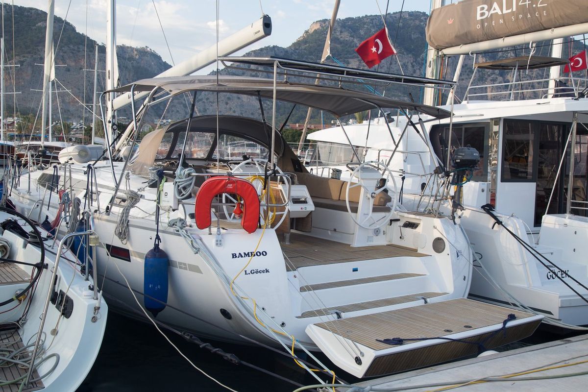 Exterior view of Bamboo, a Bavaria Cruiser 51 sailboat at Fethiye, Turkey