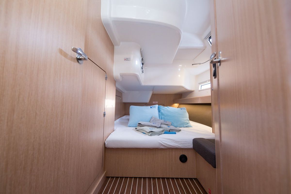Cabin on Bamboo, a Bavaria Cruiser 51 sailboat at Fethiye, Turkey