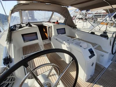 Cockpit of Kymothoe, a Jeanneau Sun Odyssey 410 sailboat at Volos Municipality, Greece