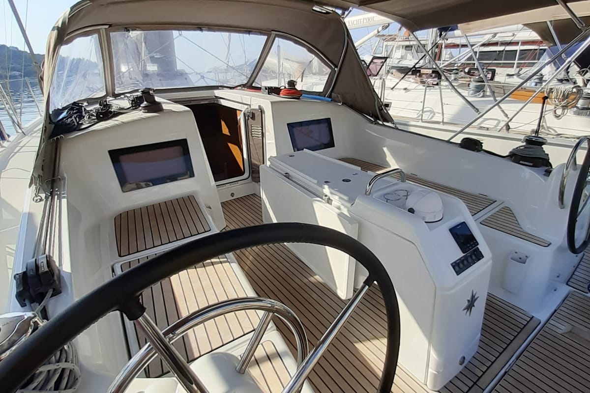 Cockpit of Kymothoe, a Jeanneau Sun Odyssey 410 sailboat at Volos Municipality, Greece