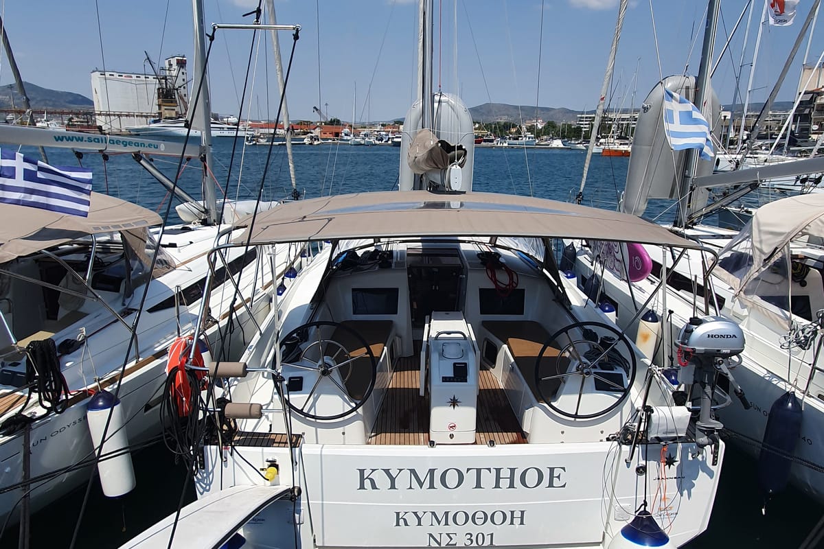 Exterior view of Kymothoe, a Jeanneau Sun Odyssey 410 sailboat at Volos Municipality, Greece