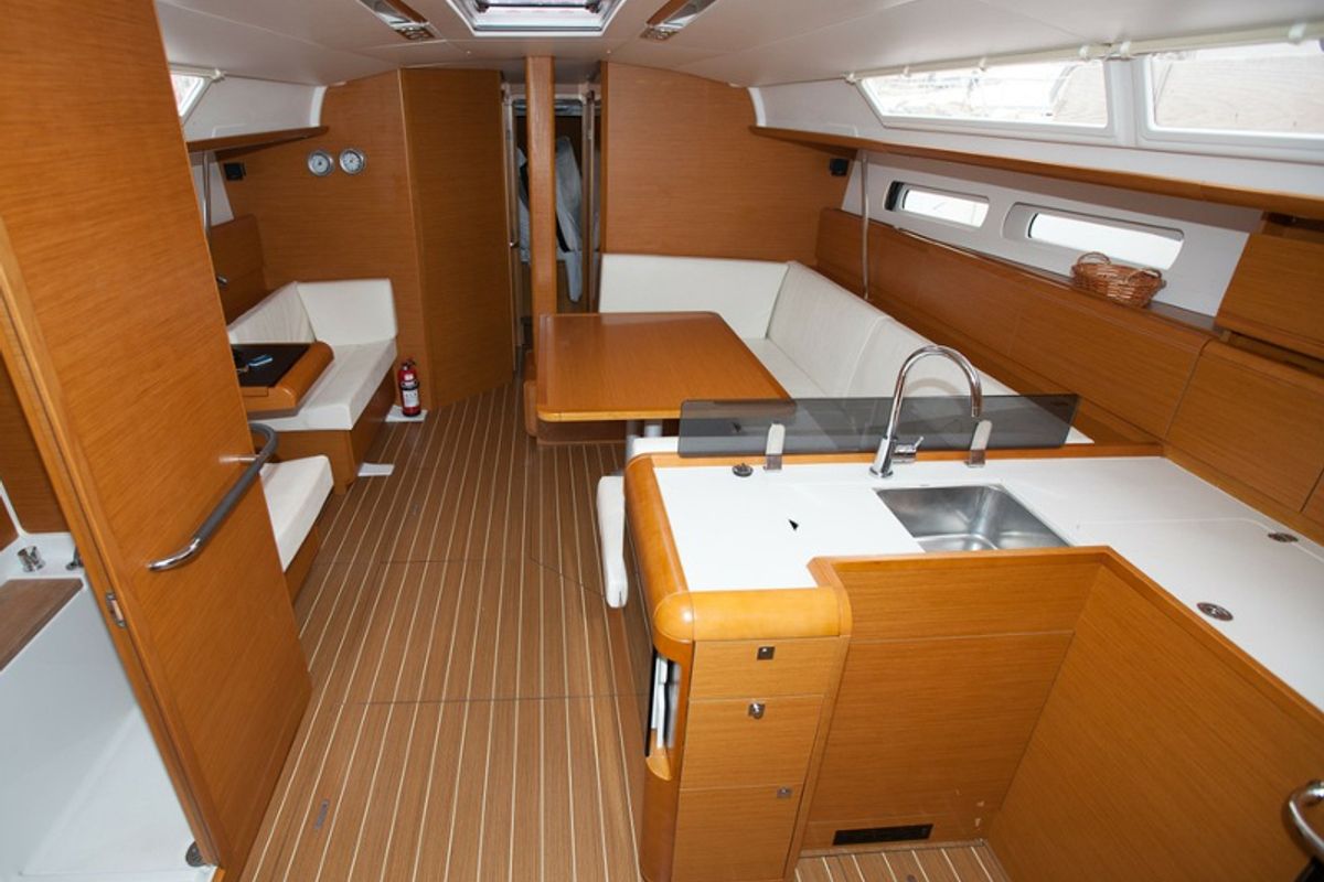 Salon of Gael, a Jeanneau Sun Odyssey 439 sailboat at San Miguel de Abona, Spain