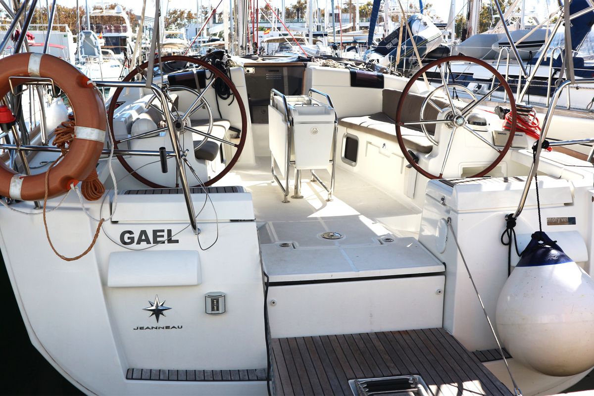 Cockpit of Gael, a Jeanneau Sun Odyssey 439 sailboat at San Miguel de Abona, Spain