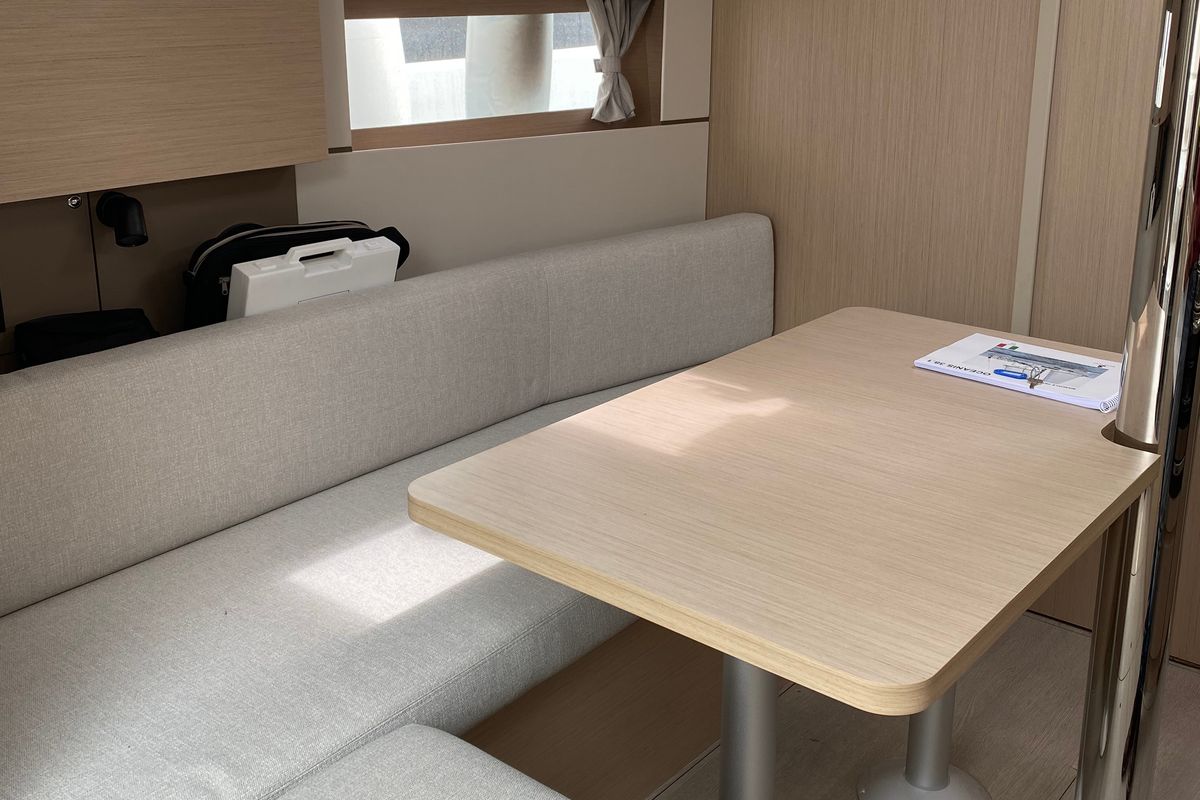 Salon of Sea Wolf, a Beneteau Oceanis 38.1 sailboat at Punta Ala, Italy