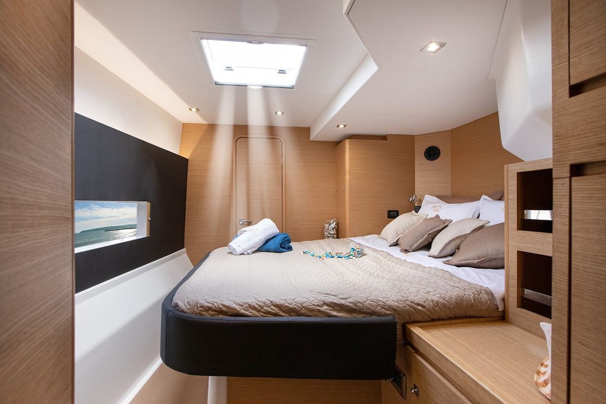 Cabin on Diva - Skippered, a Dufour Catamaran 48 catamaran at Athens, Greece