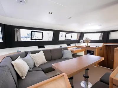 Salon of Diva - Skippered, a Dufour Catamaran 48 catamaran at Athens, Greece