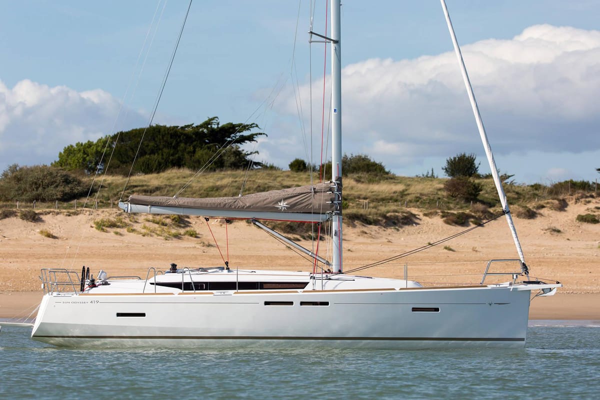 Exterior view of Kinthia, a Jeanneau Sun Odyssey 419 sailboat at Lavreotiki Municipal Unit, Greece