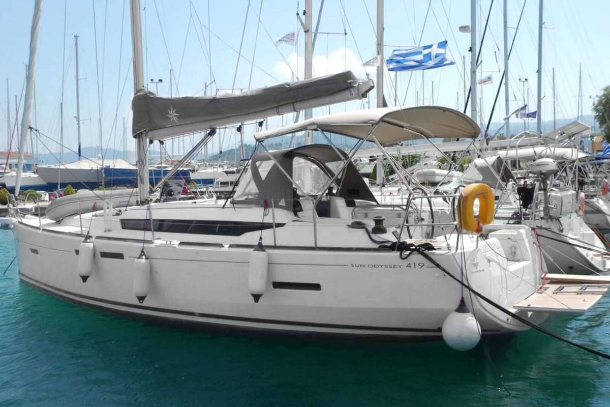 Exterior view of Kinthia, a Jeanneau Sun Odyssey 419 sailboat at Lavreotiki Municipal Unit, Greece