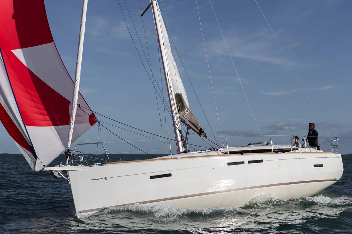 Exterior view of Kinthia, a Jeanneau Sun Odyssey 419 sailboat at Lavreotiki Municipal Unit, Greece