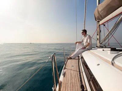 Deck of Kinthia, a Jeanneau Sun Odyssey 419 sailboat at Lavreotiki Municipal Unit, Greece