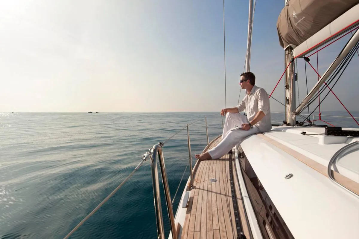 Deck of Kinthia, a Jeanneau Sun Odyssey 419 sailboat at Lavreotiki Municipal Unit, Greece