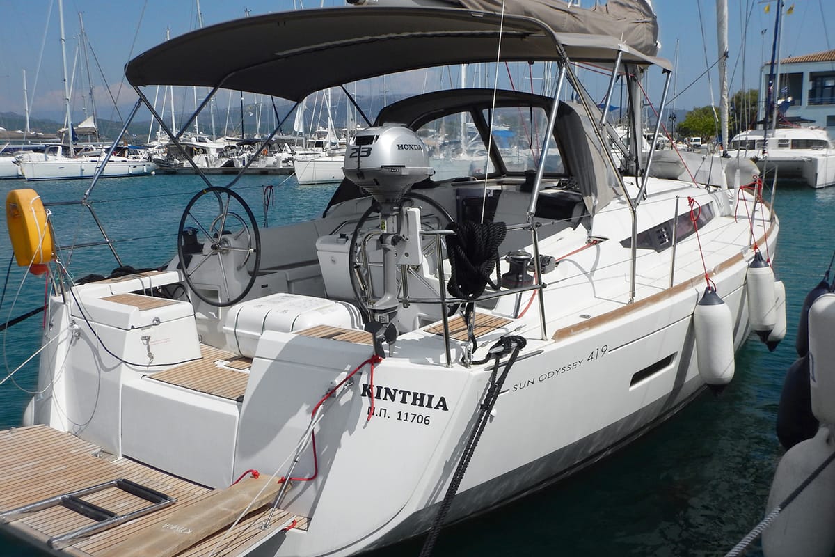 Exterior view of Kinthia, a Jeanneau Sun Odyssey 419 sailboat at Lavreotiki Municipal Unit, Greece
