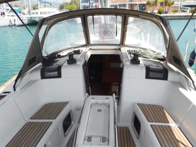 Cockpit of Kinthia, a Jeanneau Sun Odyssey 419 sailboat at Lavreotiki Municipal Unit, Greece