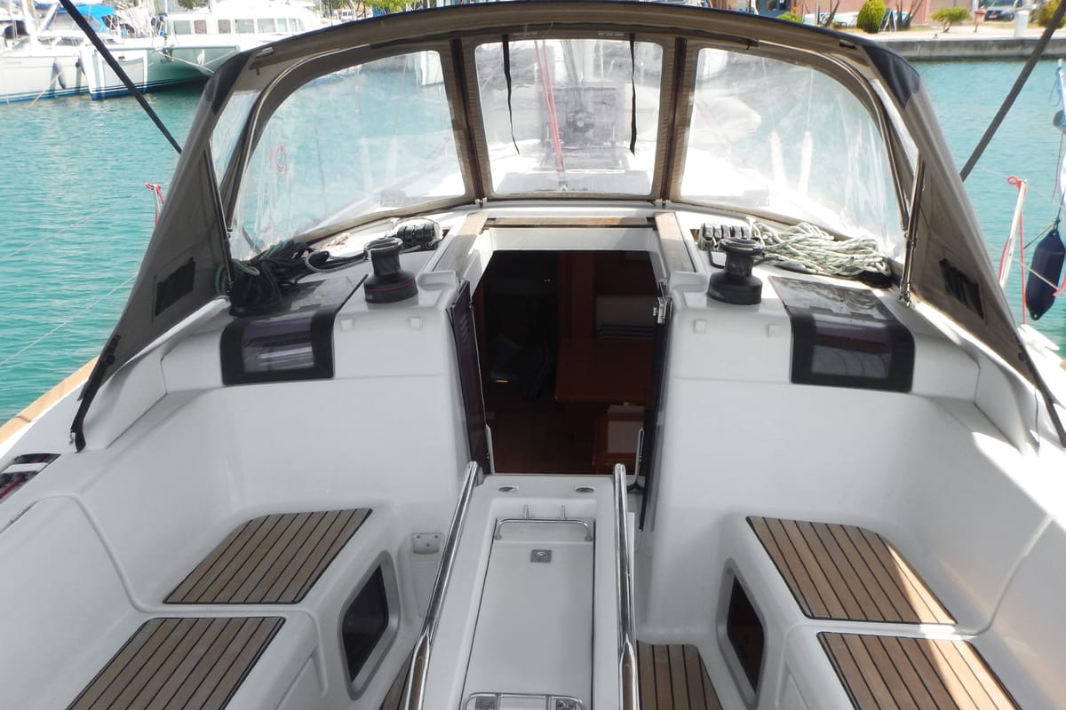 Cockpit of Kinthia, a Jeanneau Sun Odyssey 419 sailboat at Lavreotiki Municipal Unit, Greece