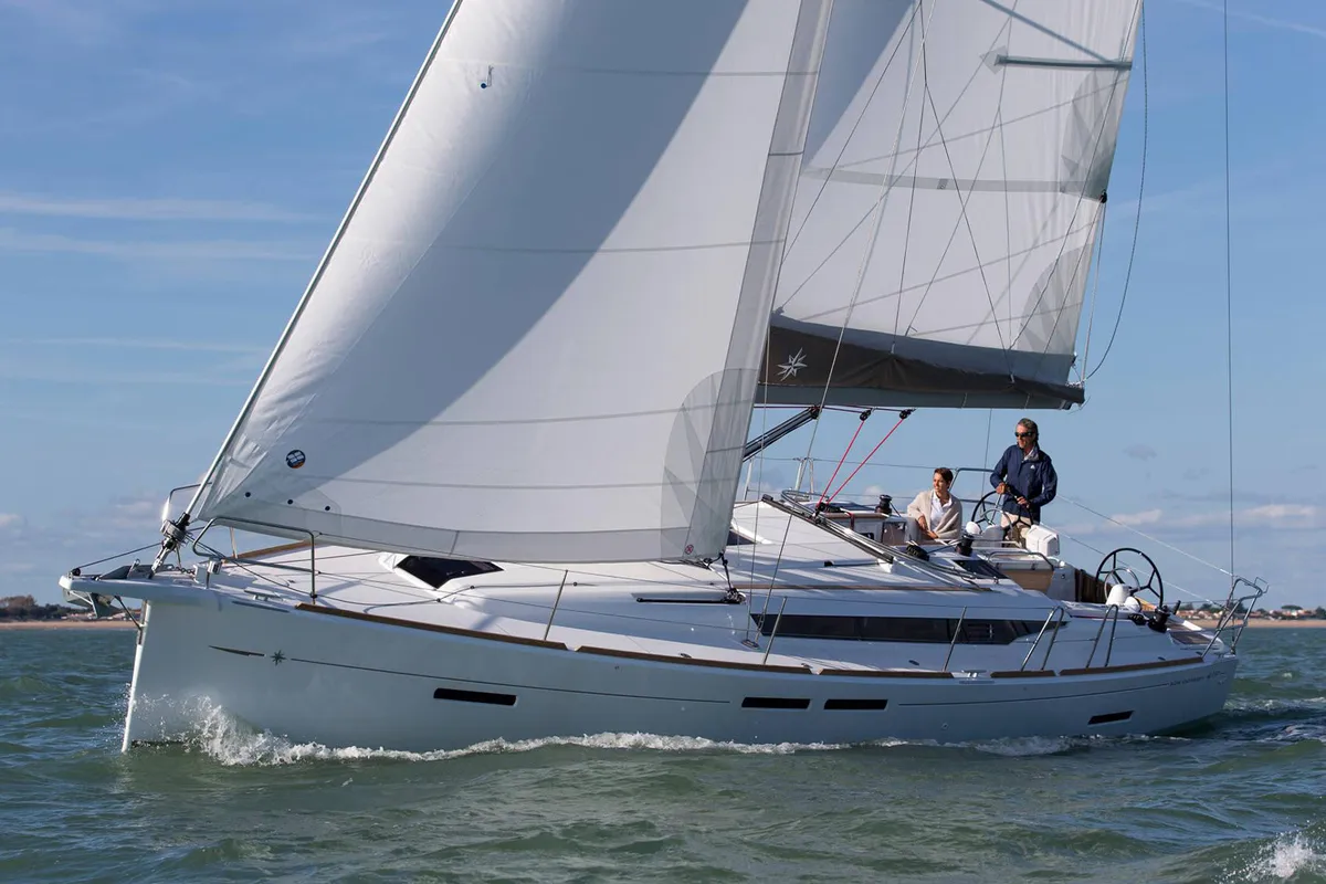 Exterior view of Kinthia, a Jeanneau Sun Odyssey 419 sailboat at Lavreotiki Municipal Unit, Greece