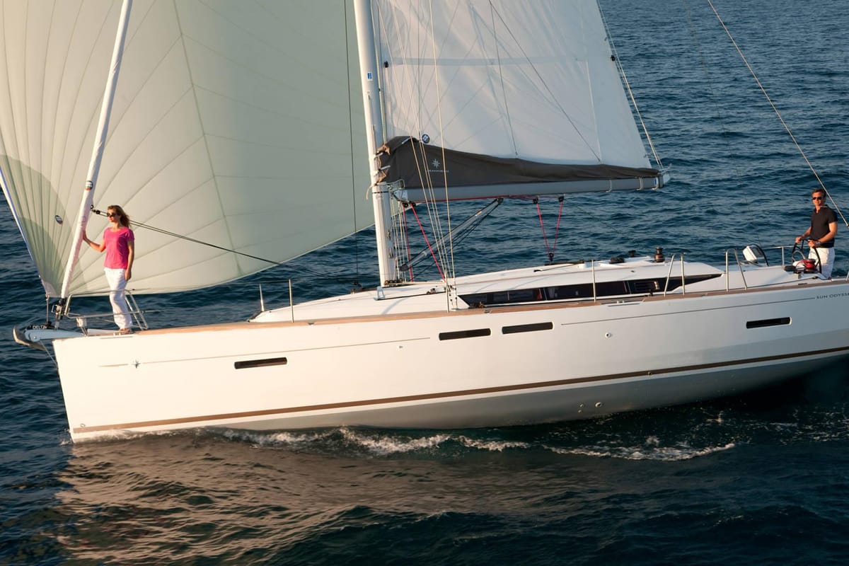Exterior view of Kinthia, a Jeanneau Sun Odyssey 419 sailboat at Lavreotiki Municipal Unit, Greece