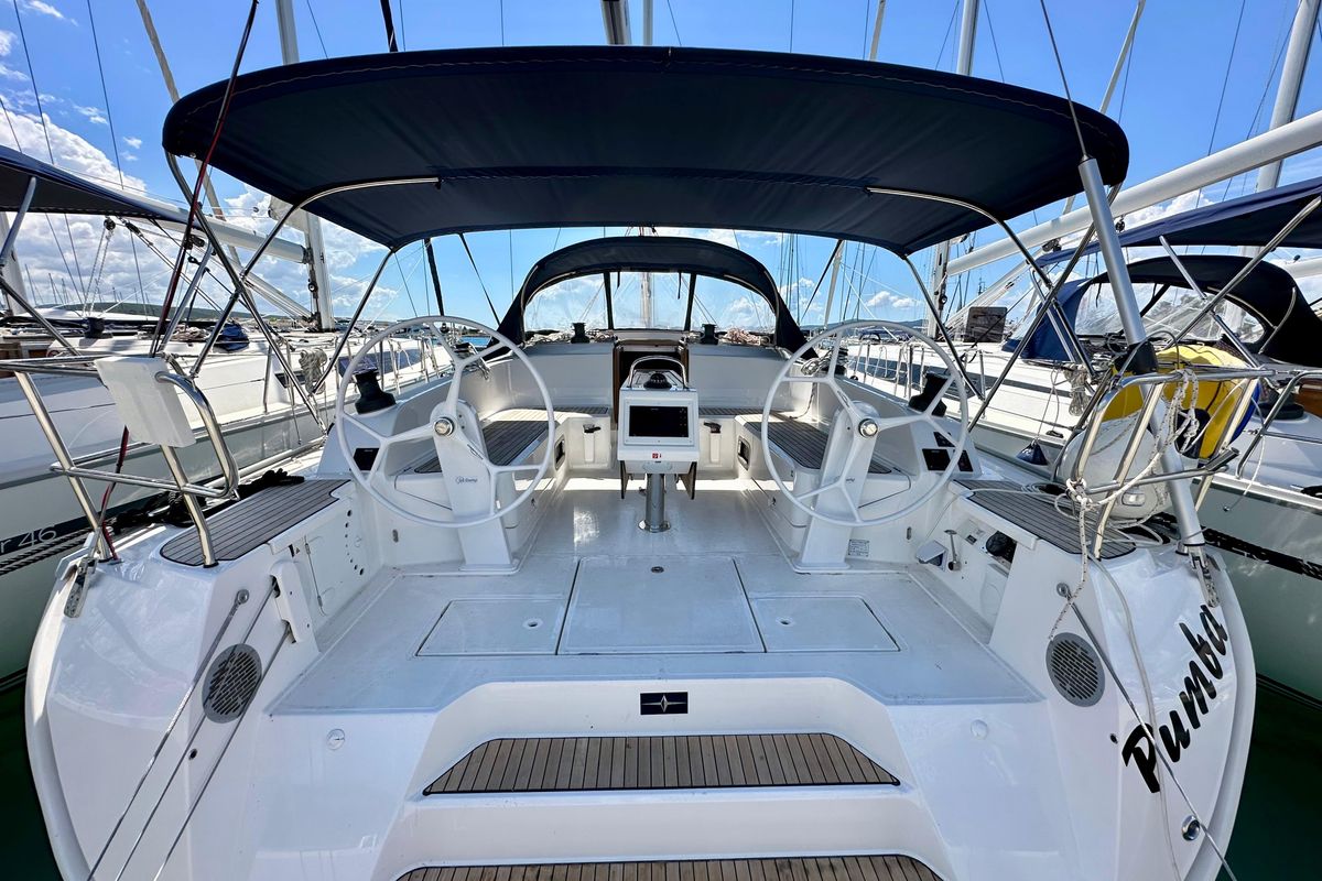 Cockpit of Pumba, a Bavaria Cruiser 46 sailboat at Općina Sukošan, Croatia