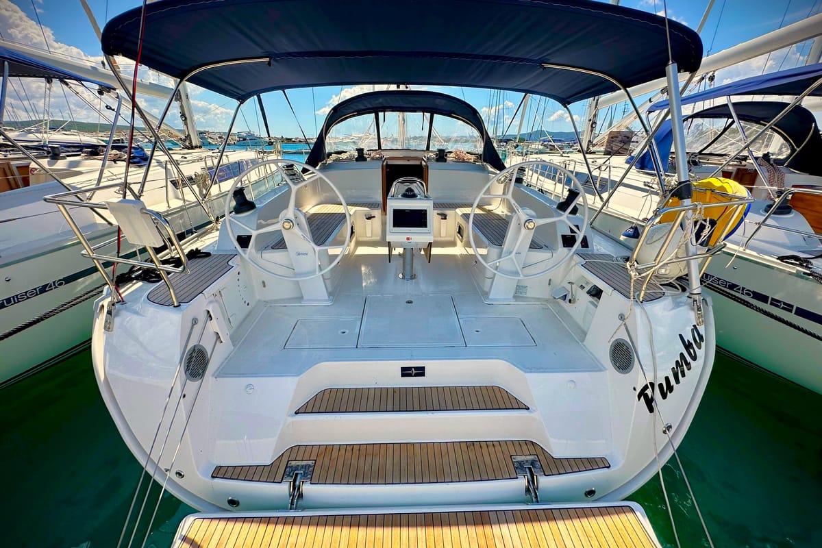 Cockpit of Pumba, a Bavaria Cruiser 46 sailboat at Općina Sukošan, Croatia
