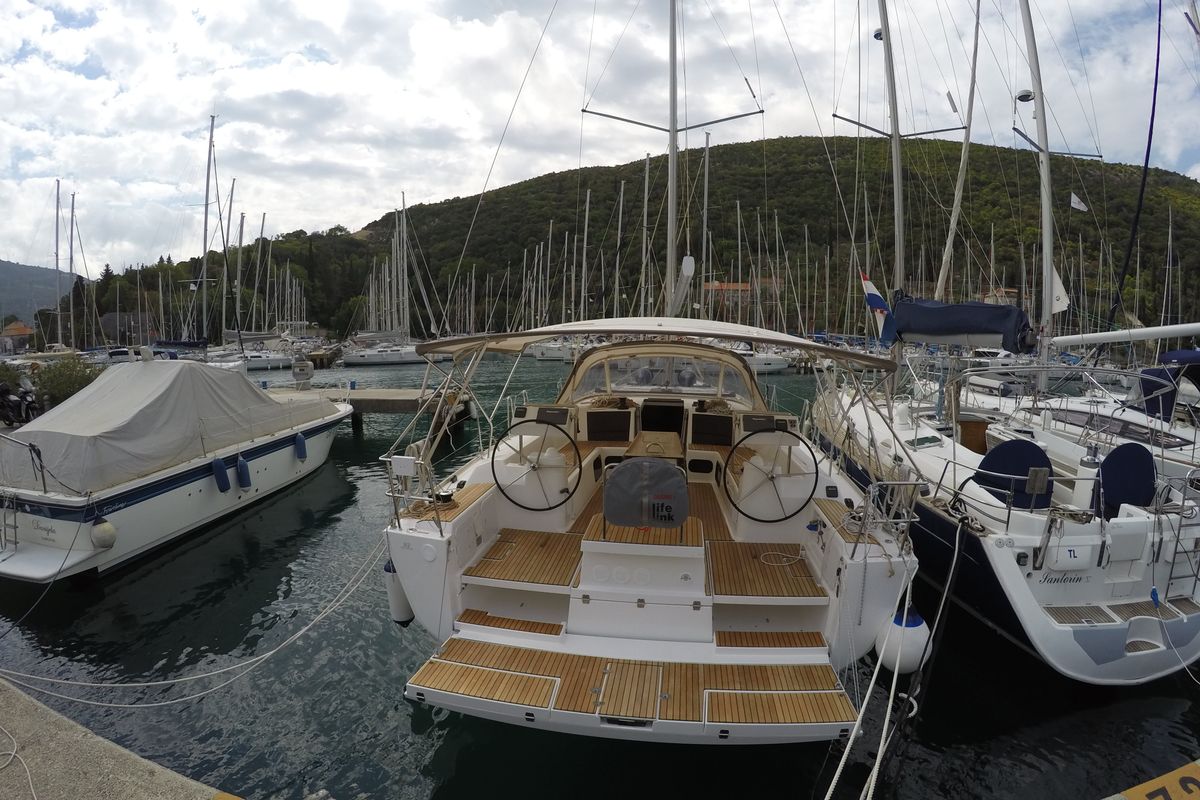 Exterior view of Luce, a Dufour 512 Grand Large sailboat at Dubrovnik, Croatia