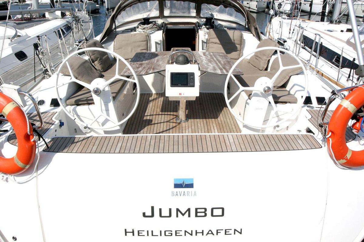 Cockpit of Jumbo, a Bavaria Cruiser 51 sailboat at Heiligenhafen, Germany