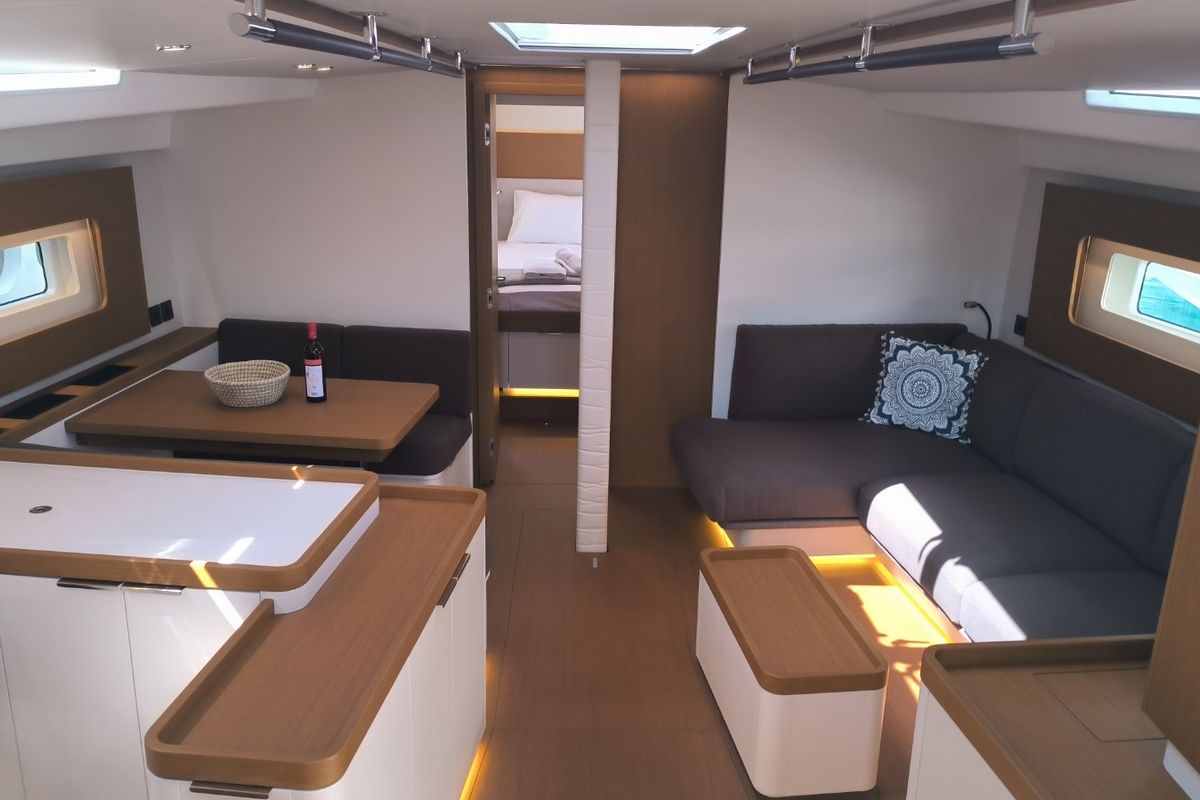 Salon of Oktana, a Beneteau First 53 sailboat at Lavreotiki Municipal Unit, Greece