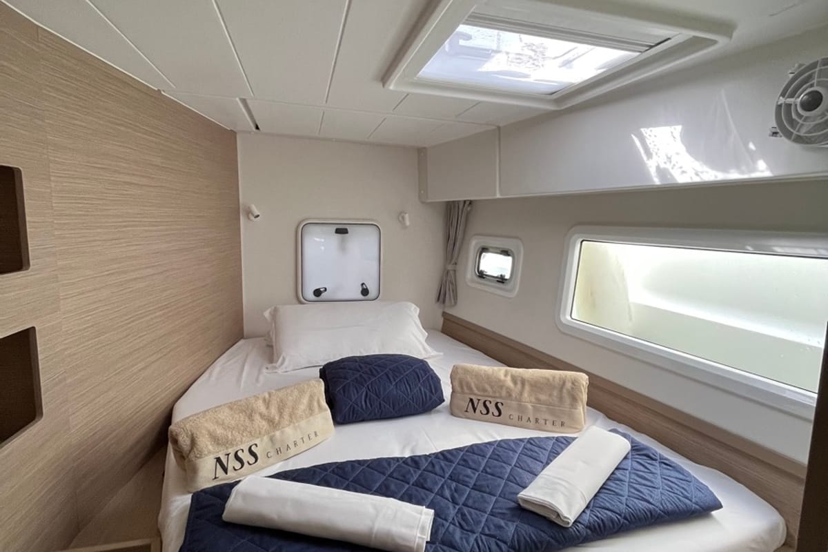 Cabin on Amlad, a Lagoon 42 catamaran at Salerno, Italy