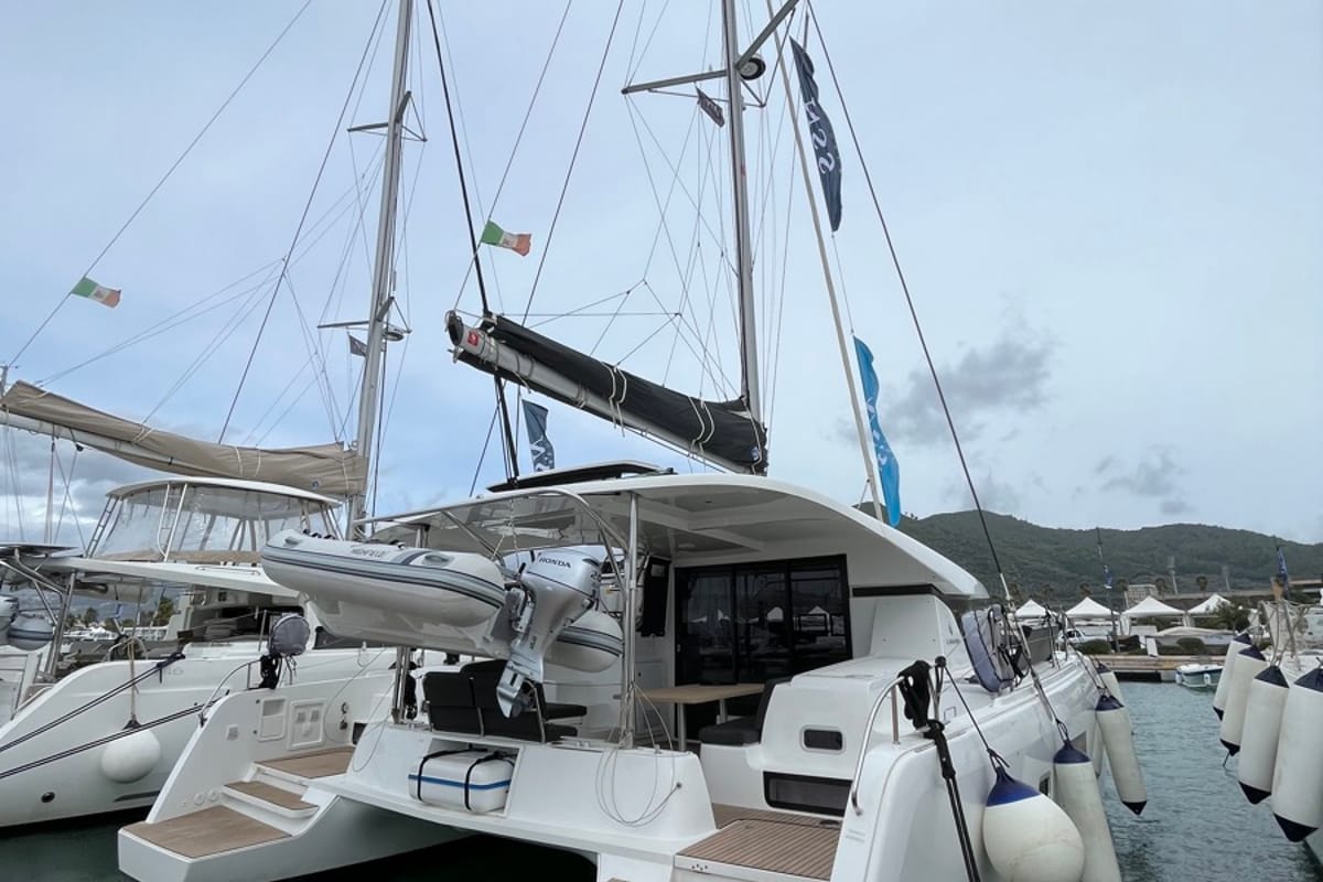 Exterior view of Amlad, a Lagoon 42 catamaran at Salerno, Italy