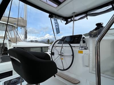 Cockpit of Amlad, a Lagoon 42 catamaran at Salerno, Italy