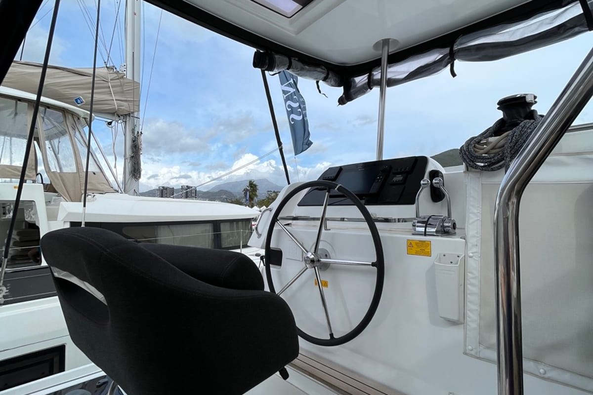 Cockpit of Amlad, a Lagoon 42 catamaran at Salerno, Italy