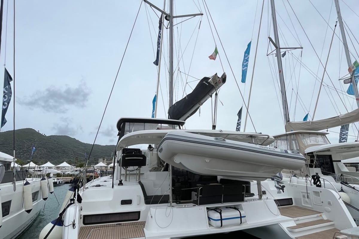 Exterior view of Amlad, a Lagoon 42 catamaran at Salerno, Italy