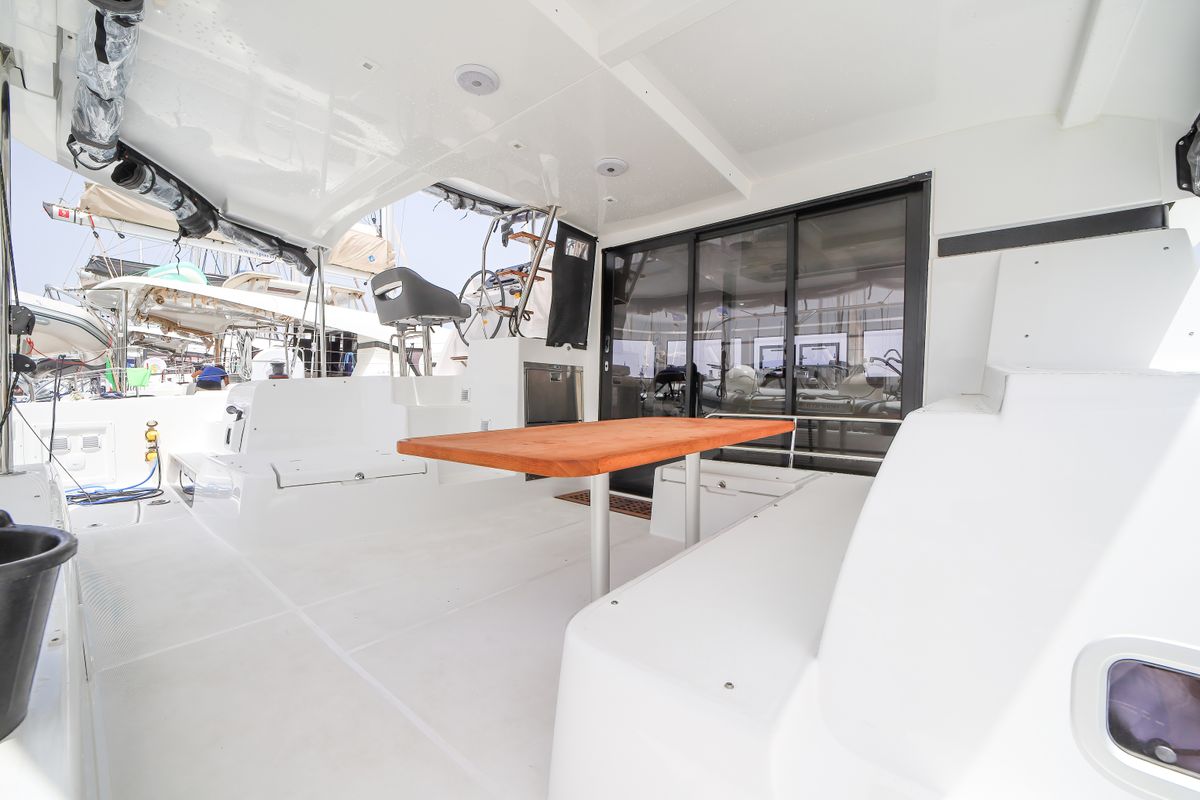 Deck of Panella - Premium Line, a Lagoon 42 catamaran at Olbia, Italy