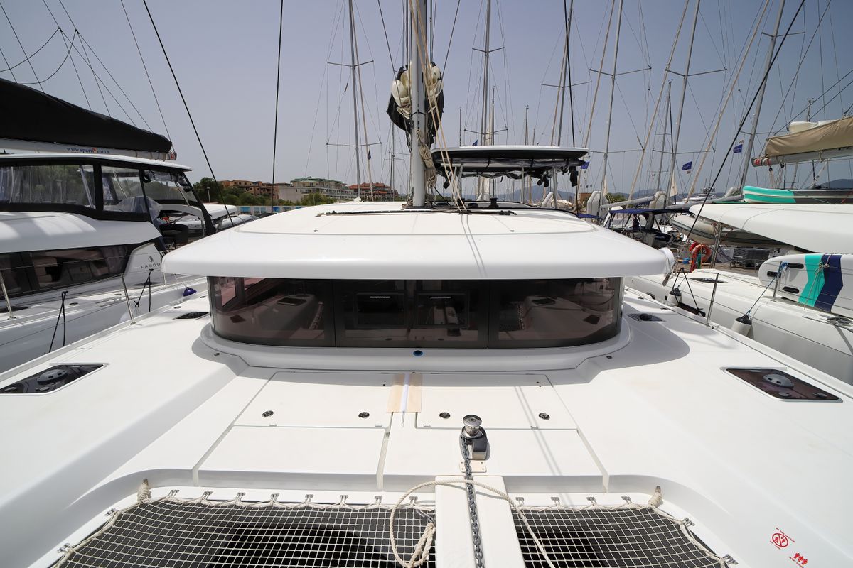 Deck of Panella - Premium Line, a Lagoon 42 catamaran at Olbia, Italy