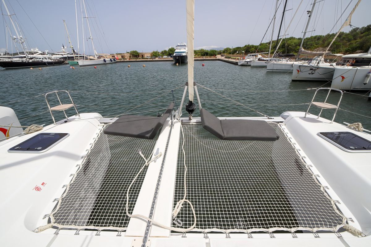 Deck of Panella - Premium Line, a Lagoon 42 catamaran at Olbia, Italy