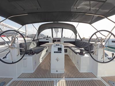 Cockpit of Jolly Roger, a Jeanneau Sun Odyssey 440 sailboat at Athens, Greece