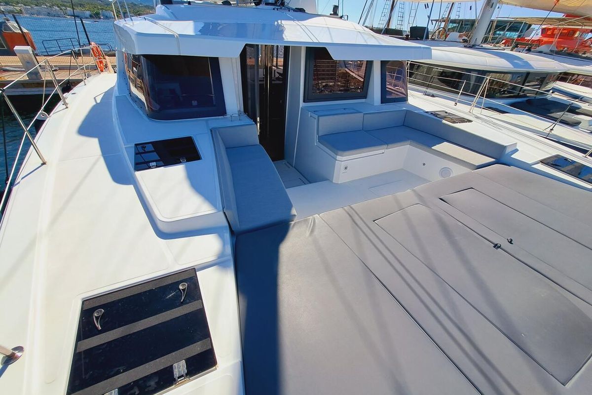 Deck of Cancelli del Cielo, a Bali 4.6 catamaran at Sant Antoni de Portmany, Spain