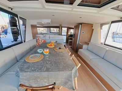Salon of Cancelli del Cielo, a Bali 4.6 catamaran at Sant Antoni de Portmany, Spain