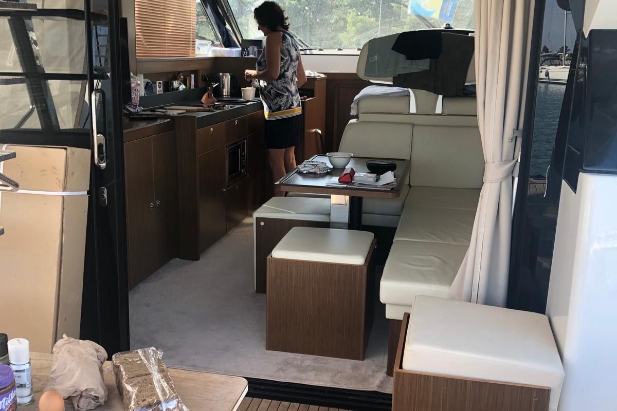 Galley of CALENI, a Bavaria Virtess 420 Fly motorboat at Grad Šibenik, Croatia