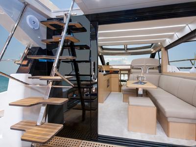 Salon of CALENI, a Bavaria Virtess 420 Fly motorboat at Grad Šibenik, Croatia